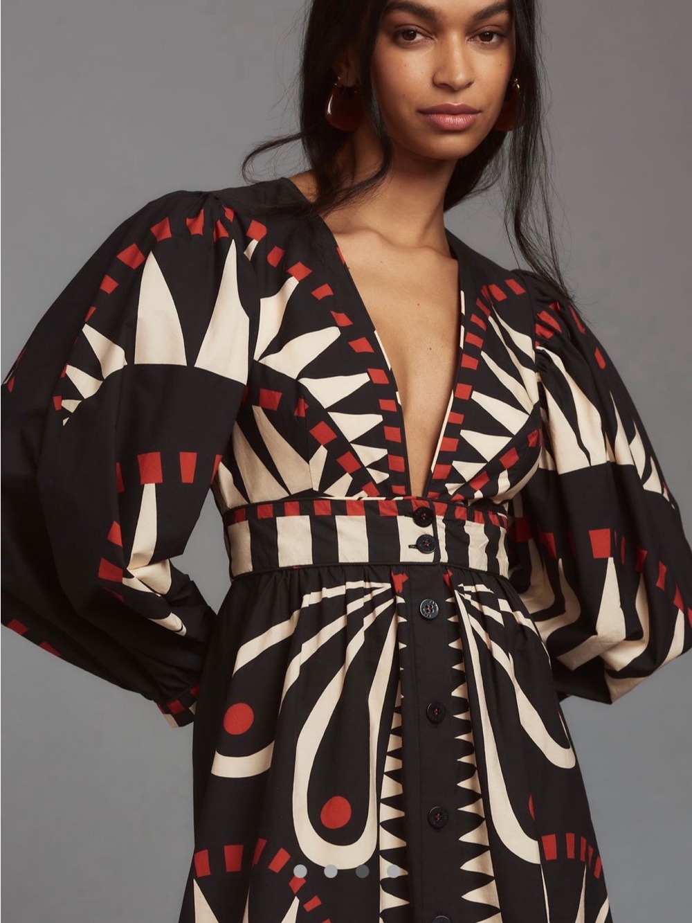 FARM Rio Black, Ivory & Red Geometric Button-Front Maxi Dress - Picture 2 of 5
